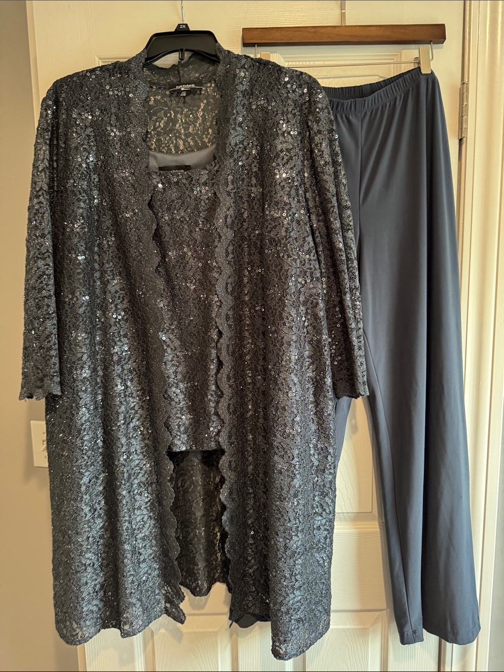 R&M Richards Sequined Lace Jacket, Tank & Pants Set in Charcoal